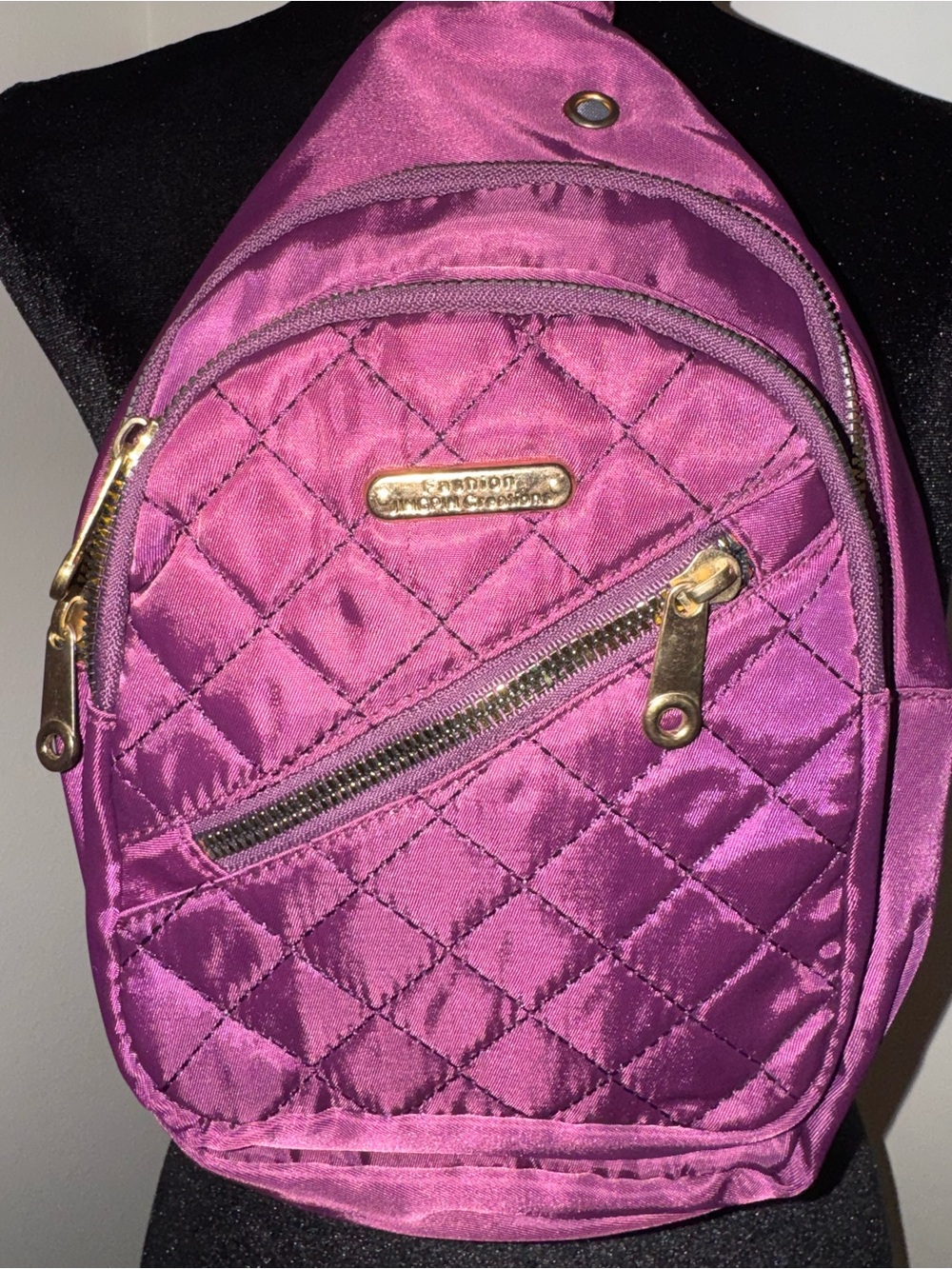Quilted Fuchsia Sling Backpack with Gold Hardware